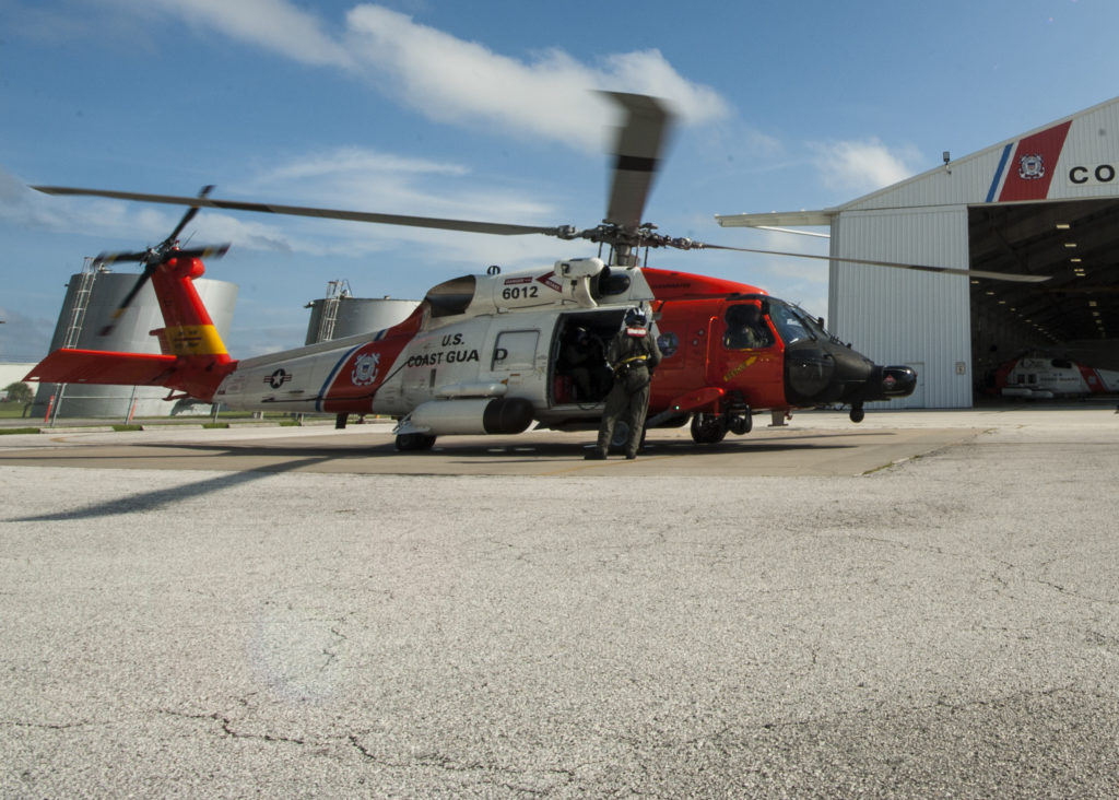 US Coast Guard Air Station Clearwater MH-60 Jayhawk helicopter prepares to take off