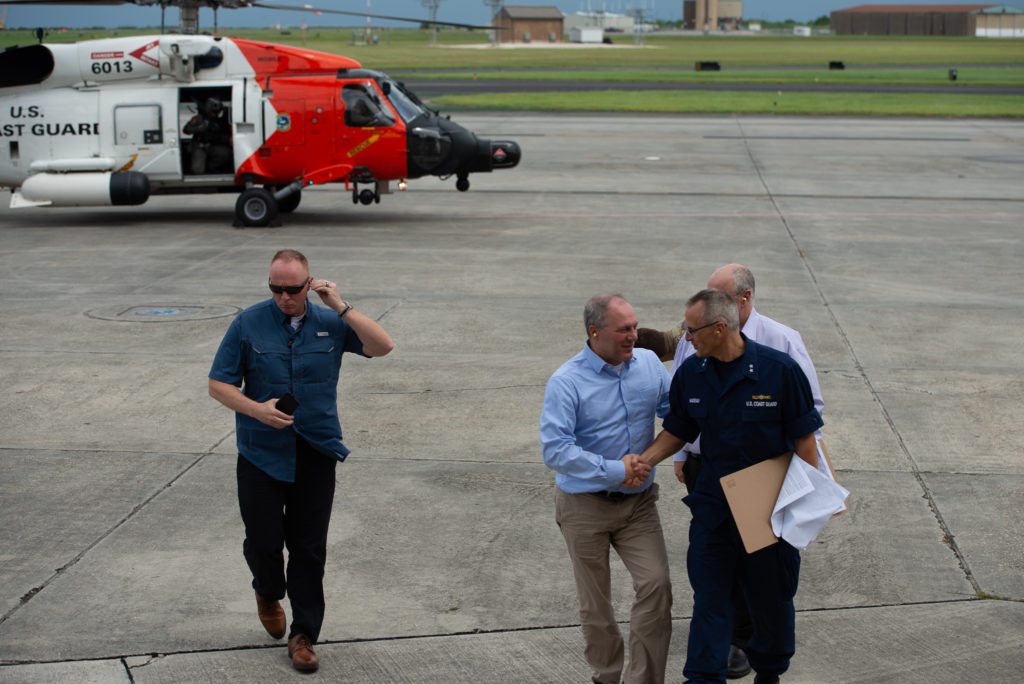 U.S. Rep. Steve Scalise (R-LA1), shakes hands with Rear Admiral John Nadeau, commander, Eighth Coast Guard District, at Lakefront Airport in New Orleans, August 26, 2019. Scalise and Nadeau had just conducted an overflight of the local levee system. 
U.S. Coast Guard photo by Petty Officer 3rd Class John Michelli.