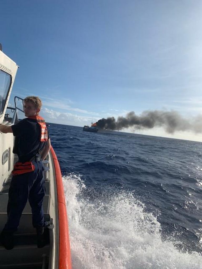 A Coast Guard 45-foot Response Boat-Medium crew successfully rescued six crew and an NOAA observer from vessel in fire, USCG rescue in Oahu