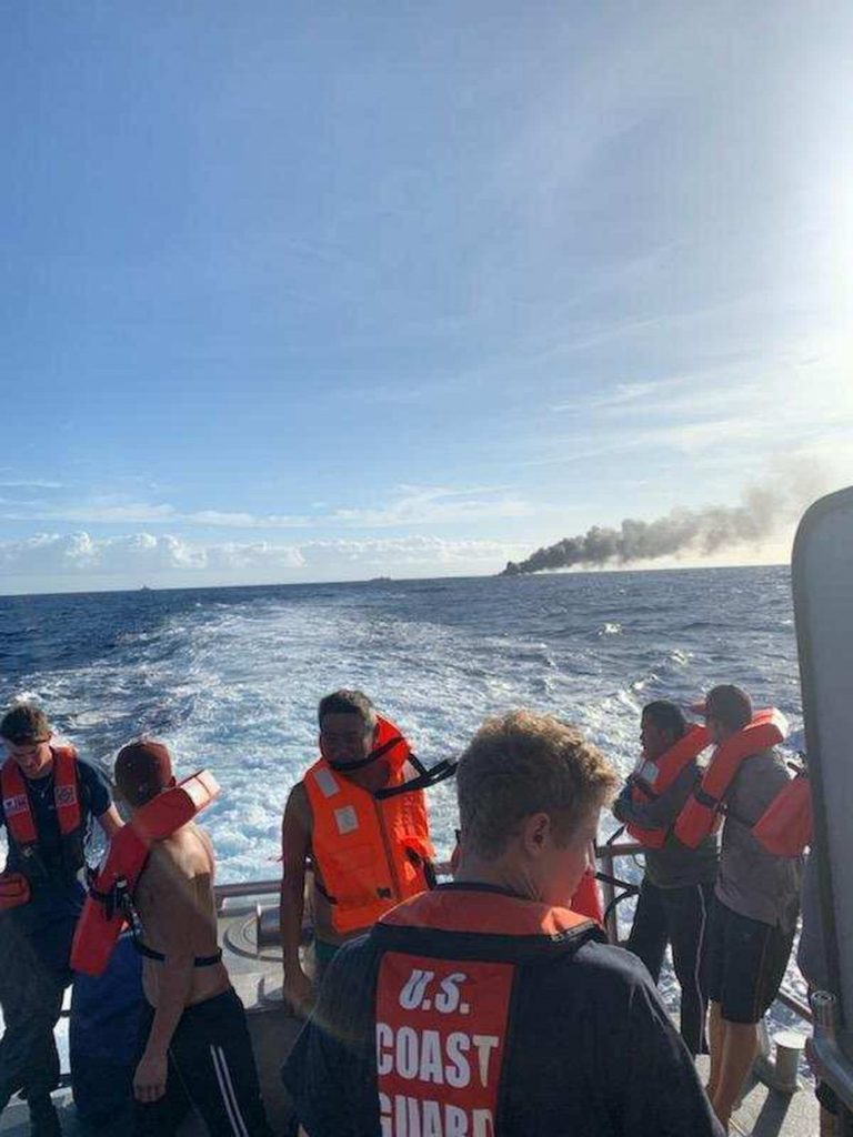 The number of crew aboard Miss Emma was originally reported as seven crew, one NOAA observer. This number has been corrected to six crew, one NOAA observer. No one remains aboard the vessel, USCG rescue in Oahu