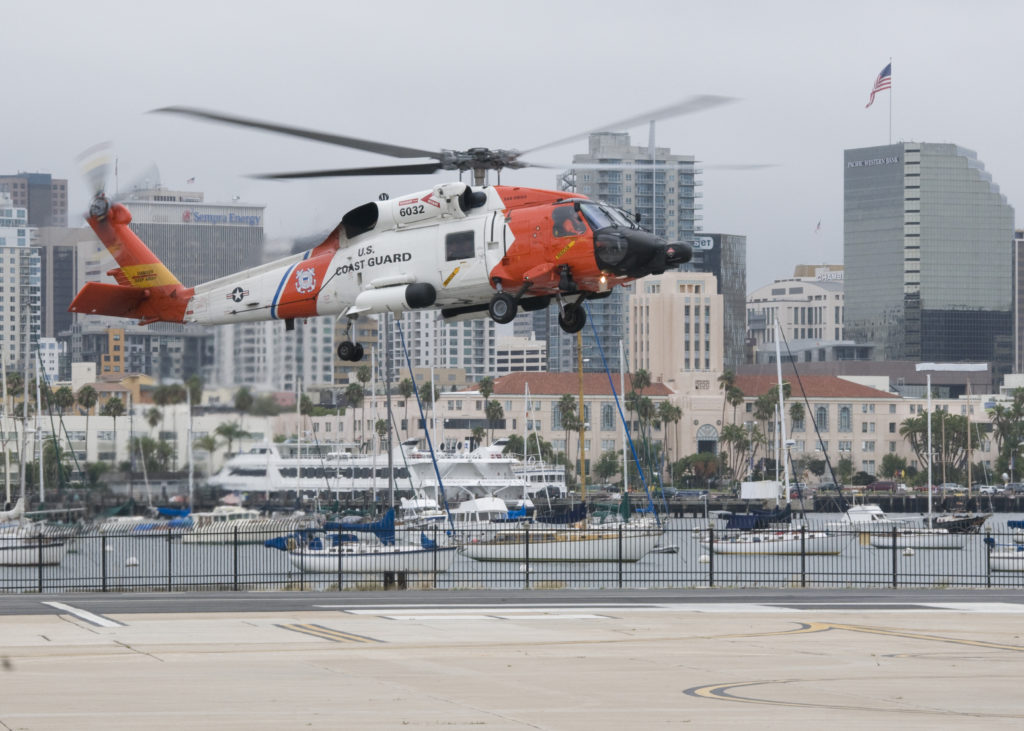 Coast Guard and local agencies continue response to boat fire near Santa Cruz Island. An MH-60 Jayhawk helicopter crew lands at Coast Guard Sector San Diego. 
U.S. Coast Guard photo by Petty Officer 2nd Class Henry G. Dunphy (archive).