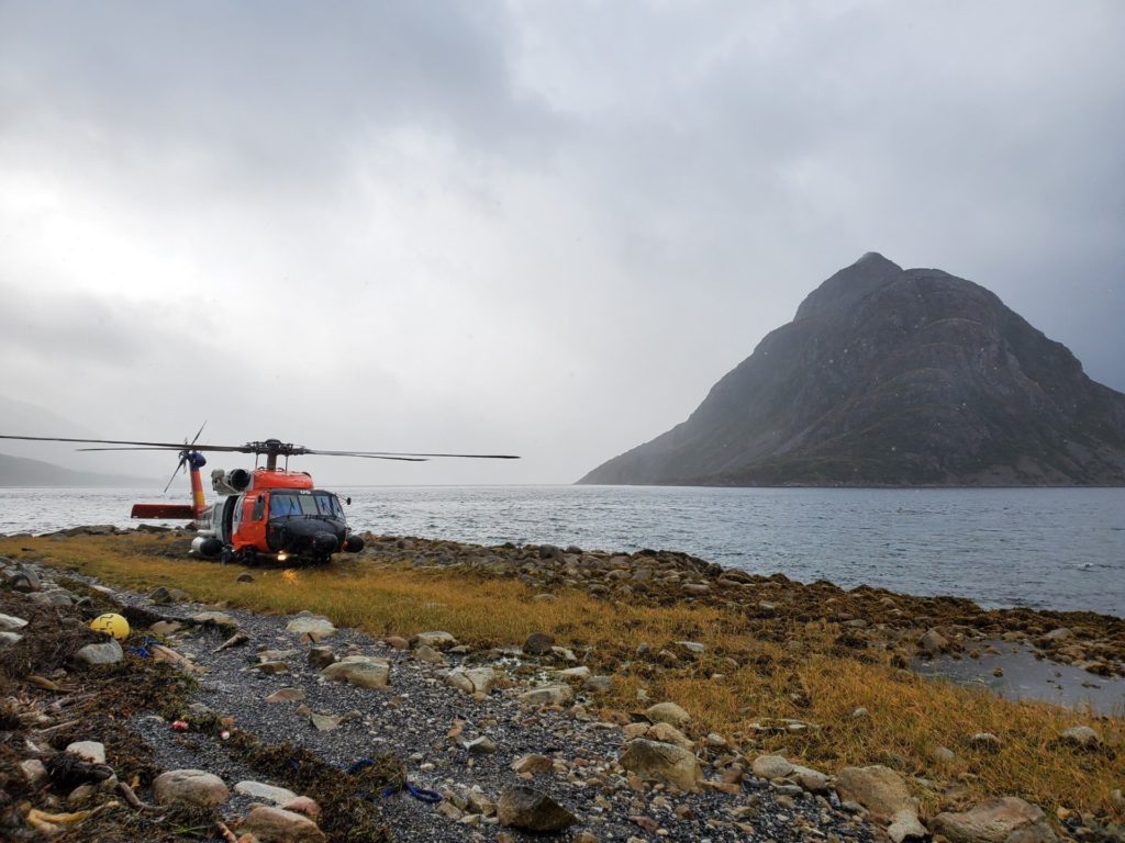 MH-60 Jayhawk from Coast Guard Aircrew Air Station Kodiak rescues hunter in Three Saints Bay