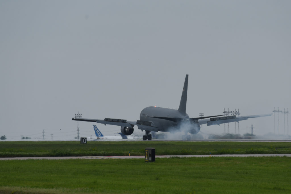 A KC-46A Pegasus lands May 17, 2019, at McConnell Air Force Base, Kan. Japan first KC-46A Tanker