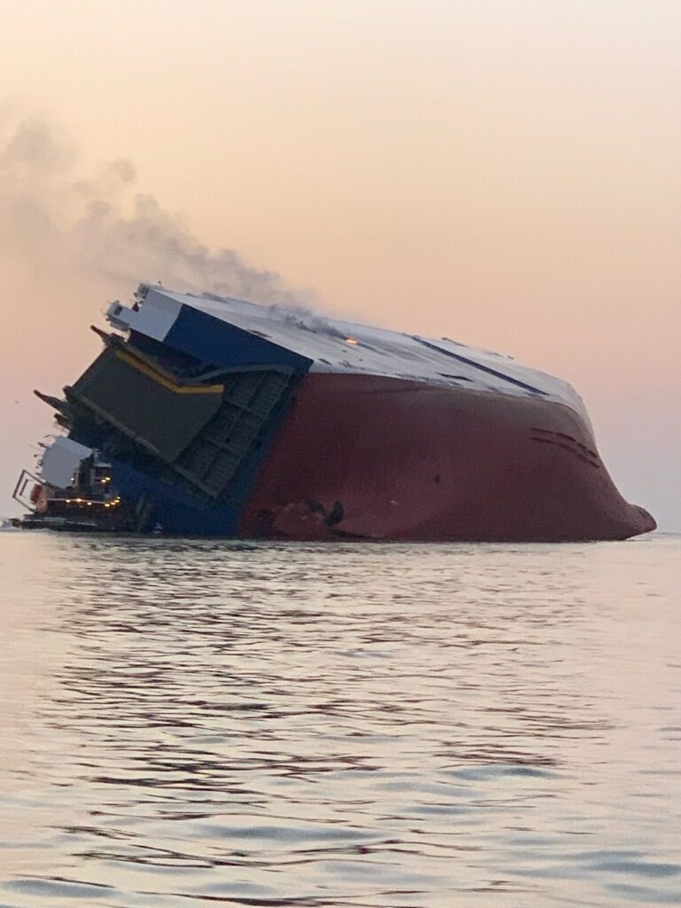 Coast Guard crews and port partners respond to a disabled cargo vessel with a fire on board September 2019 in St. Simons Sound, Golden Ray vessel rescue