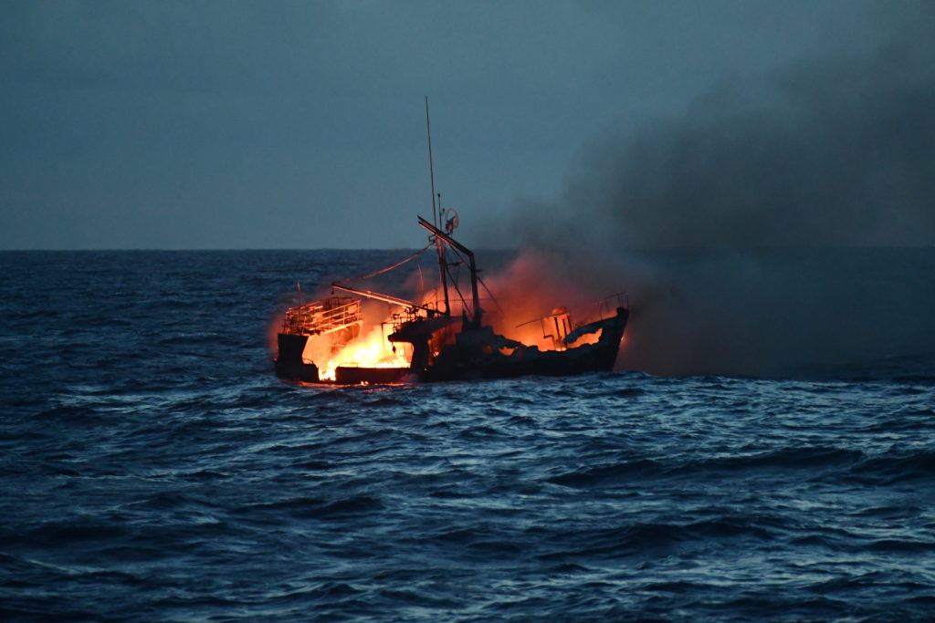 Vessel in fire Miss Emma, image from USCGC Joseph Gerczak.