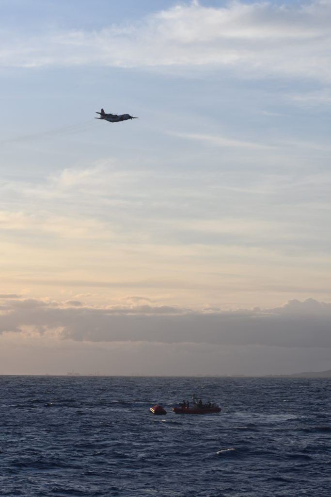The HC-130 Hercules aircrew from Air Station Barbers Point was able to vector in a 45-foot Response Boat-Medium (RB-M) from Small Boat Station Honolulu
