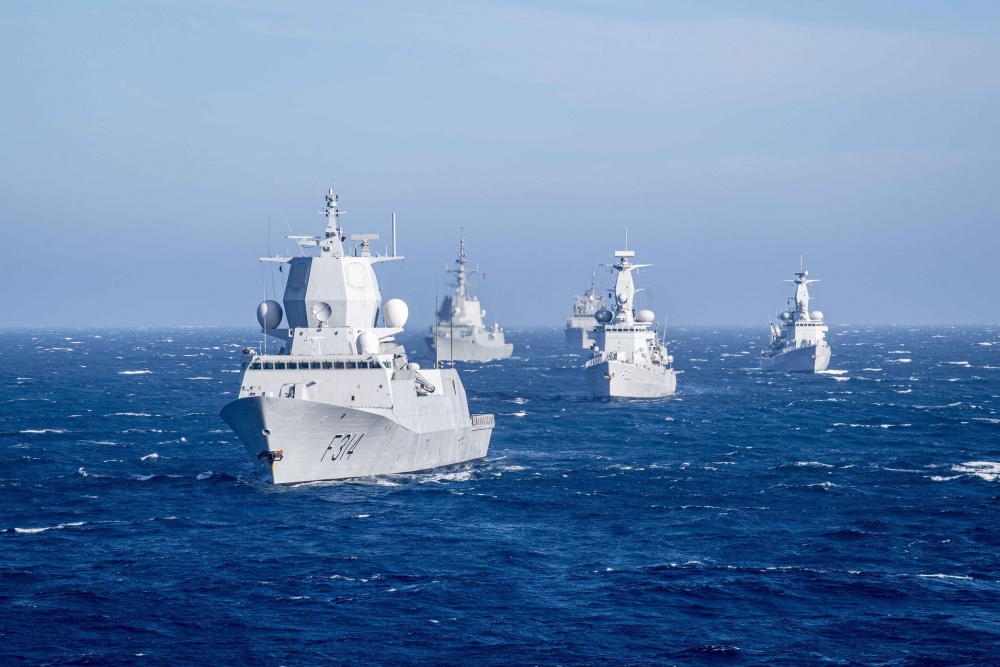 NATO Allied forces transit the Gulf of Cadiz during a photo exercise as part of Dynamic Mariner 2019 as seen from the U.S. Navy guided-missile destroyer USS Gridley (DDG 101).