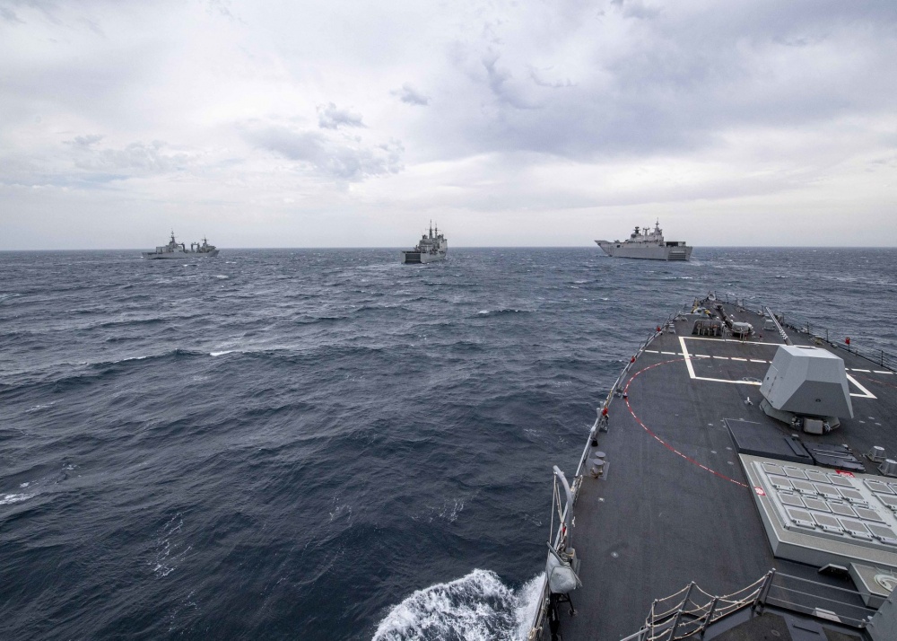 NATO Allied forces transit the Gulf of Cadiz during exercise Dynamic Mariner 2019 as seen from the U.S. Navy guided-missile destroyer USS Gridley (DDG 101).