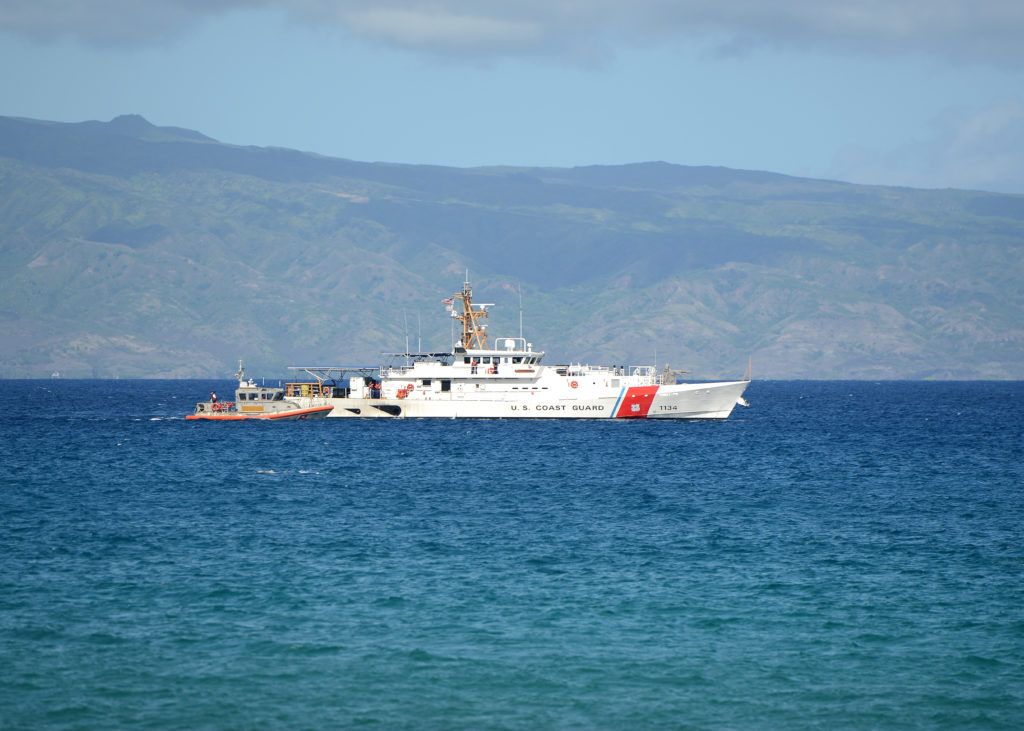 The crews of the Coast Guard Cutter William Hart (WPC 1134) and a Station Maui 45-foot Response Boat-Medium participate in a search and rescue SAREX exercise off Maui, Coast Guard SAREX exercise