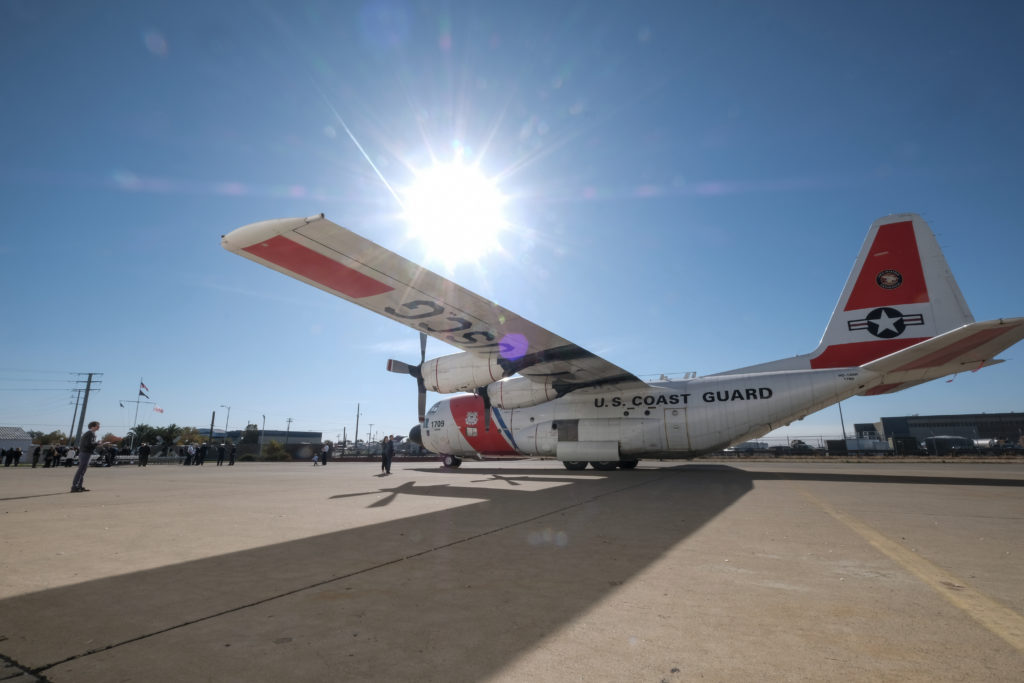 A Coast Guard HC-130 Hercules aircraft is shown on the tarmac at Coast Guard Air Station Sacramento for a during a remembrance ceremony, Oct. 29, 2019, at Coast Guard Air Station Sacramento for fallen aircrews for the 10th anniversary of an aircraft collision between a Coast Guard HC-130 Hercules aircraft and a Marine Corps AH-1 Super Cobra helicopter. 