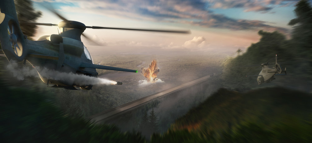 Ilustración del helicóptero Bell 360 Invictus en combate