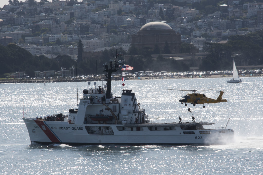 Coast Guard members from Maritime Security Response Team West based out San Diego, fast rope from a MH-60 Jayhawk helicopter onto the Coast Guard Cutter Steadfast for a tactical demonstration during San Francisco Fleet Week’s Parade of Ships, October 11, 2019. San Francisco Fleet Week