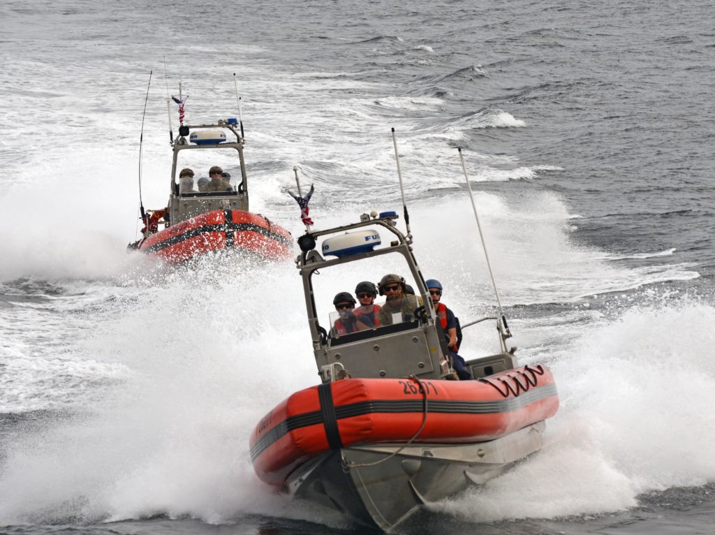 Two small boat crews composed of Coast Guard Maritime Security Response Team-West members deployed aboard Coast Guard Cutter Stratton are underway for a training exercise. 