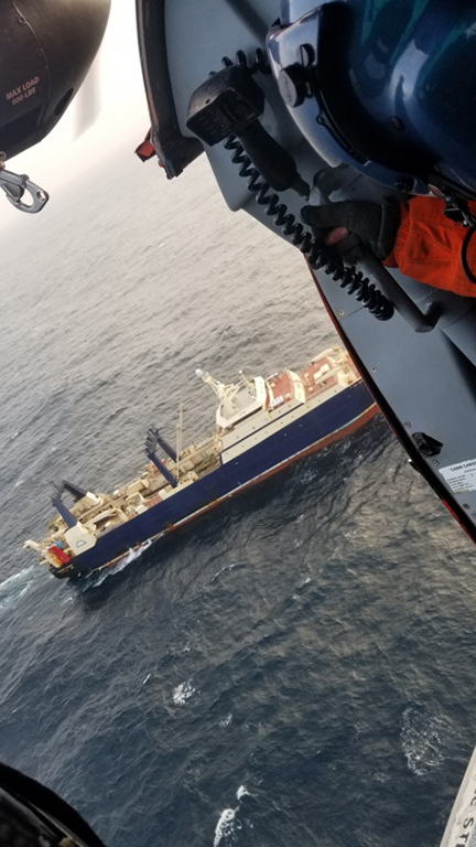 A Coast Guard aircrew aboard an MH-65 Dolphin helicopter from Sector North Bend, Ore., medically evacuated a man off a fishing vessel 15 miles west of Coos Bay Oct. 18, 2019. 