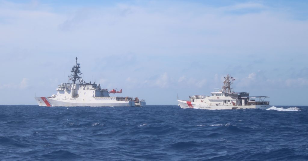 The Coast Guard Cutter James conducts Hurricane Dorian relief operations alongside the Coast Guard Cutter Paul Clark in the Caribbean Sea, Sept. 6, 2019. 
