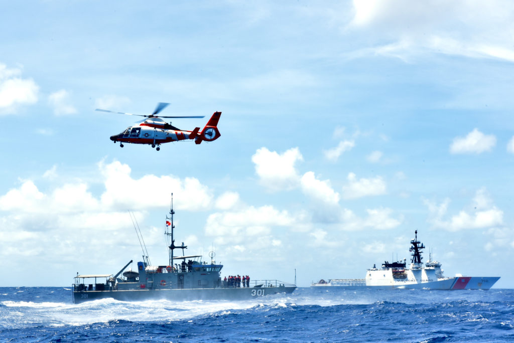 The crews of the USCGC Stratton (WMSL 752) and the RKS Teanoai (301) conducted a training exchange in the Pacific Ocean, Nov. 7, 2019. The two crews rendezvoused at sea and conducted maneuvers and MH-65 Dolphin helicopter training. Coast Guard Cutter Stratton