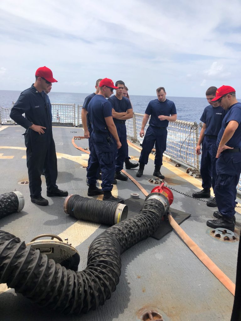 The crew of the Coast Guard Cutter Mohawk (WMEC-913) conducts damage control training drills.