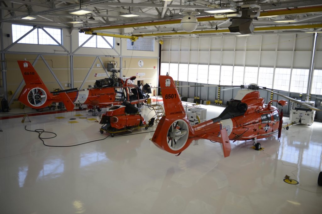 MH-65 Dolphin helicopters in the hangar at Coast Guard Air Station Port Angeles, 