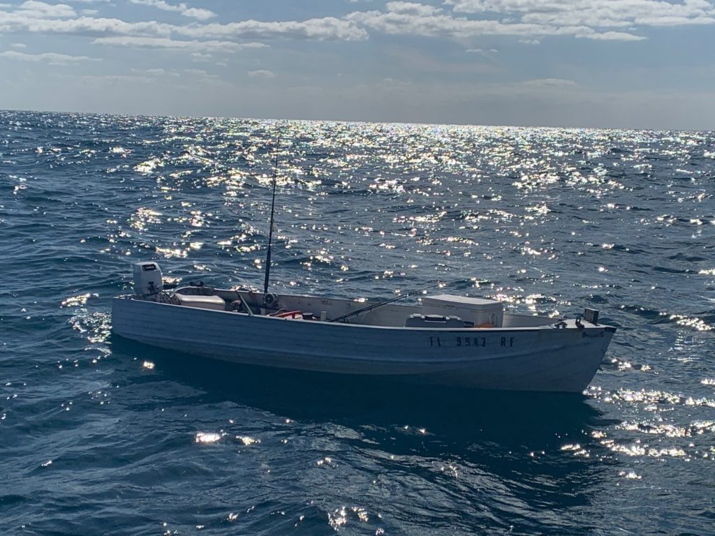 A 14-foot skiff afloat approximately 9 miles southeast of Fort Pierce, Florida, Jan. 8, 2020. A Coast Guard Air Station Miami MH-65 Dolphin helicopter crew located a 14-foot skiff and hoisted a missing boater, who reportedly ran out of gas, while a Coast Guard Station Fort Pierce 33-foot Special Purpose Craft—Law Enforcement boat crew towed the boat back to the station. 
