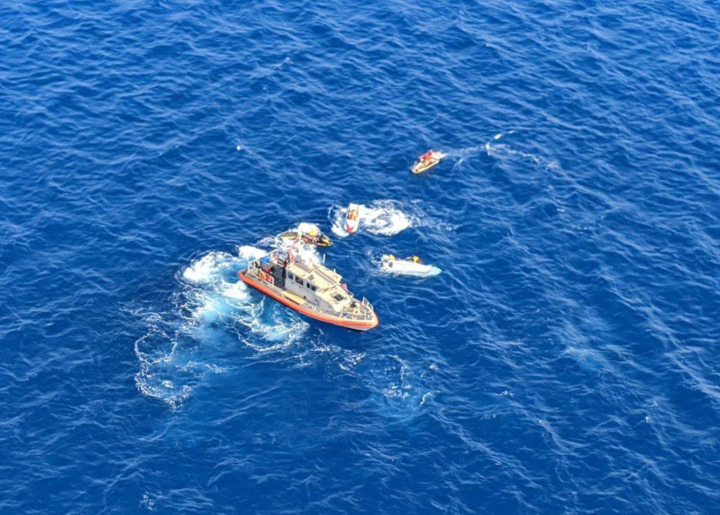 The Coast Guard and Ocean Safety rescued two boaters from their overturned 13-foot Boston Whaler one mile off Kahoolawe, Hawaii, Jan. 31, 2020. A Station Maui 45-foot Response Boat-medium crew, Air Station Barbers Point MH-65 Dolphin helicopter aircrew, the crew of the Coast Guard Cutter Joseph Gerczak, and Maui Ocean Safety and Lifeguard Services deployed Jet ski operators responded to the incident. 