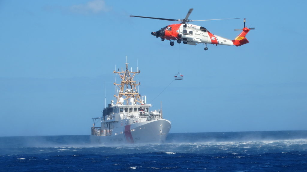 Coast Guard Fast Response Cutter Donald Horsley from Sector San Juan conducts helicopter hoist training off Puerto Rico with the crew of an MH-60 Jayhawk helicopter from Air Station Cape Cod.  Coast Guard crews continuously train throughout the year to sharpen their skills and maintain proficiency when responding to distress calls and conducting rescue operations. 