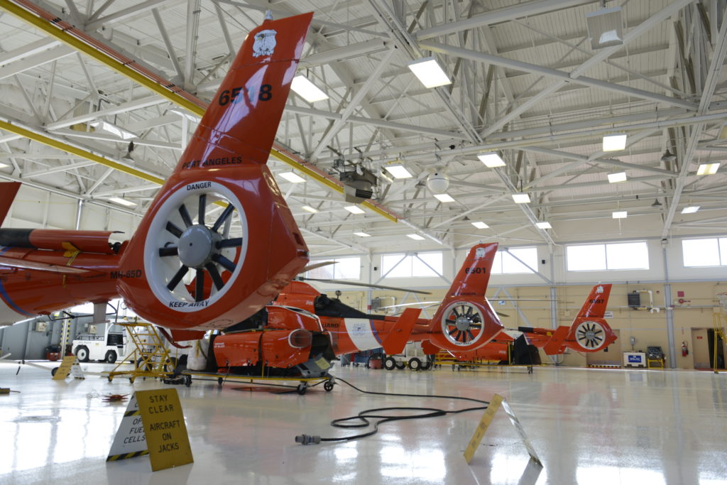 Coast Guard medevac injured hiker from Olympic National Park. MH-65 Dolphin Air Station Port Angeles. Hangar Air Station Port Angeles.