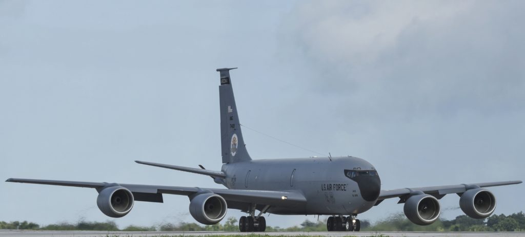 U.S. Air Force KC-135 Stratotanker aircraft assigned to the 506th Expeditionary Air Refueling Squadron takes off from Andersen Air Force Base, Guam. 