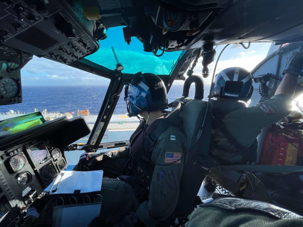 Coast Guard MH-65 aircrew medevac a mariner from cargo vessel Brilliant Ace off Oahu, Honolulu