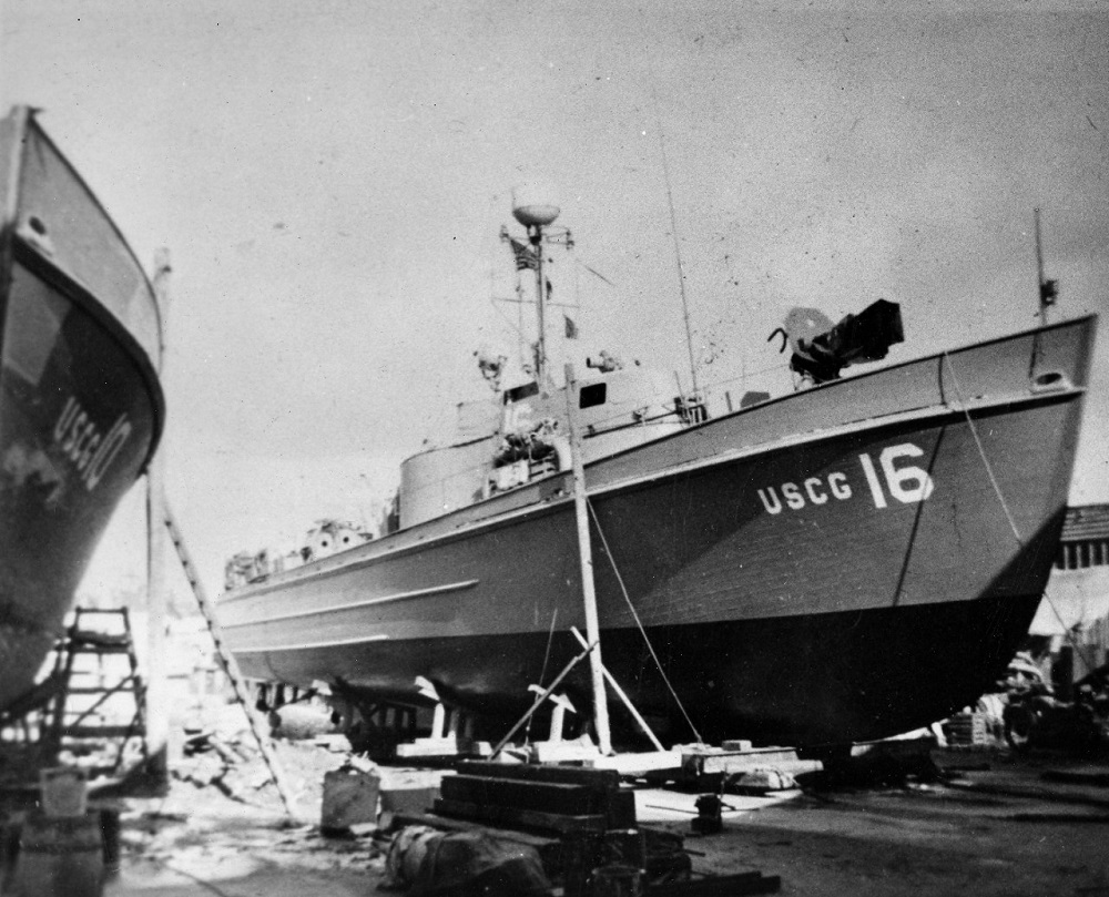 Coast Guard Cutter 16, an 83-foot wooden patrol boat assigned to Coast Guard Rescue Flotilla One, sits out of the water in Poole, England, in 1944