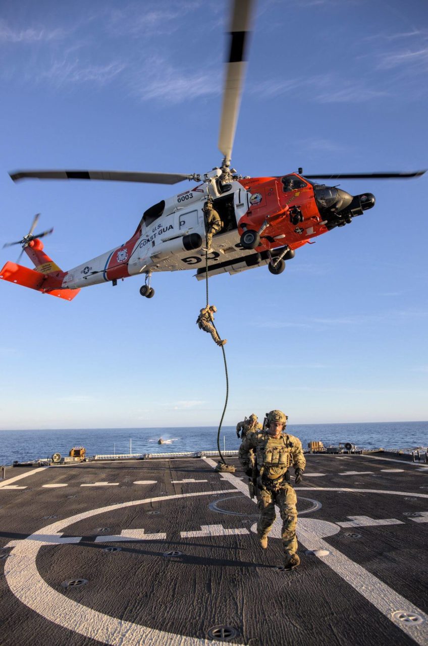 Coast Guard Cutter Bertholf and Maritime Security Response Team conduct fast-roping training with Coast Guard MH-60T Jayhawk helicopter 